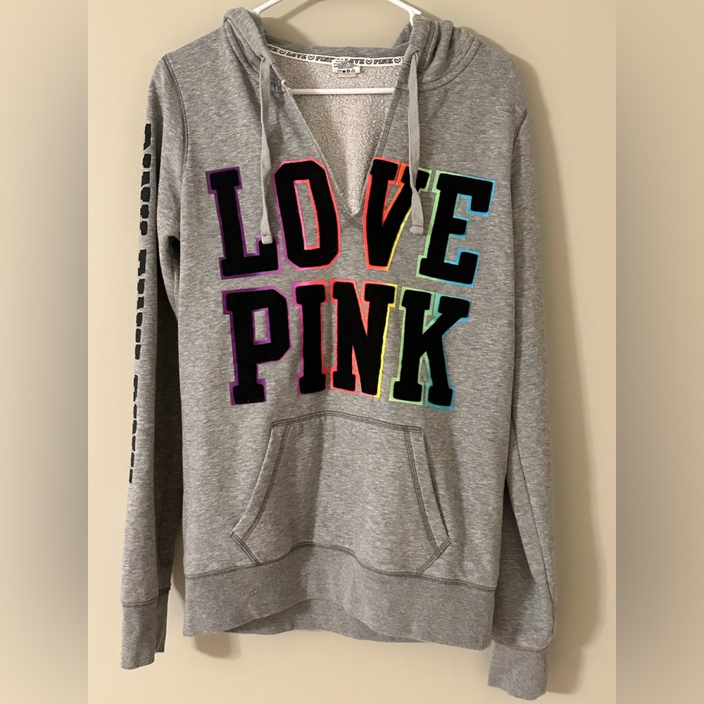 Victoria's Secret Gray Hoodie with Multicolor 'LOVE PINK'